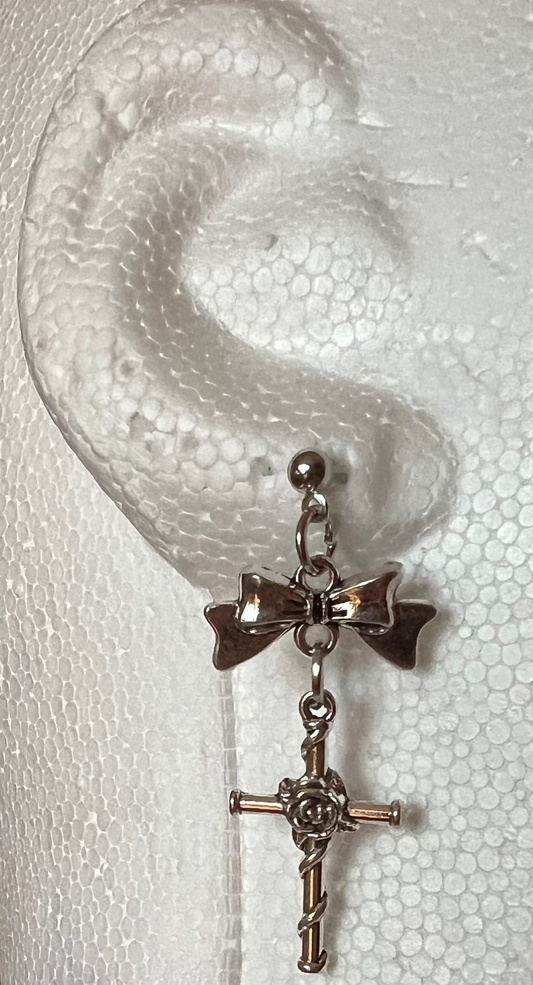 Silver Bow and Cross Stud Earrings
