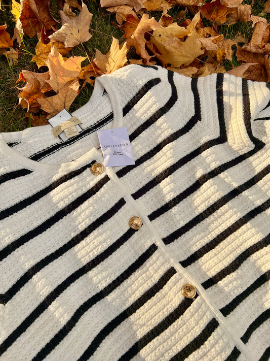 Appleseed's White with Black Stripes Cardigan Sweater