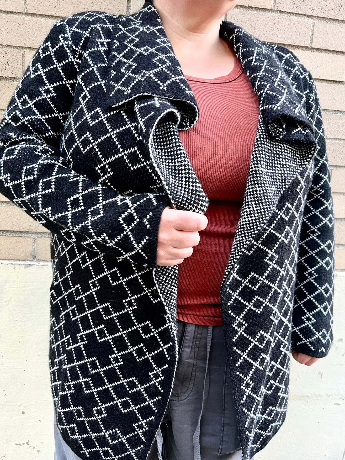 Ava Couture Black with White Diamond Pattern Cardigan