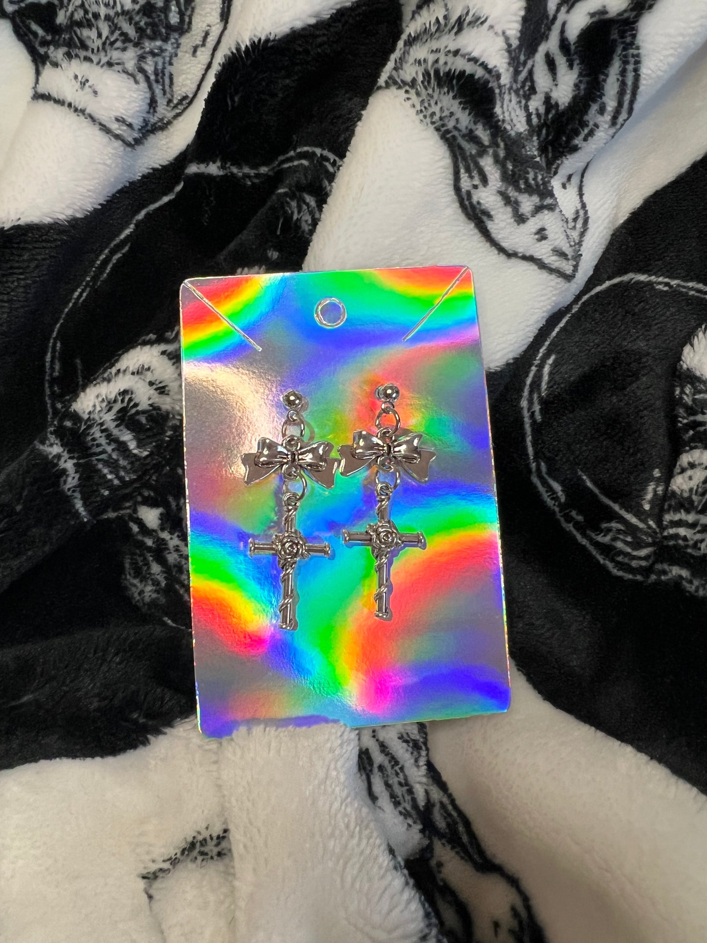 Silver Bow and Cross Stud Earrings