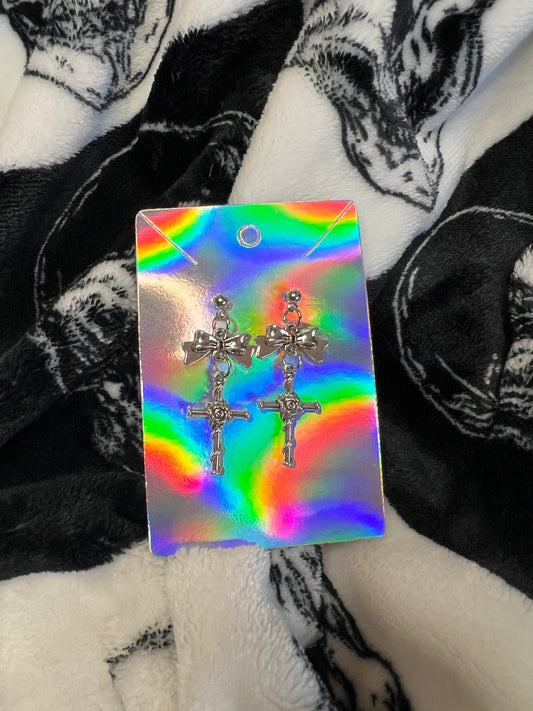 Silver Bow and Cross Stud Earrings