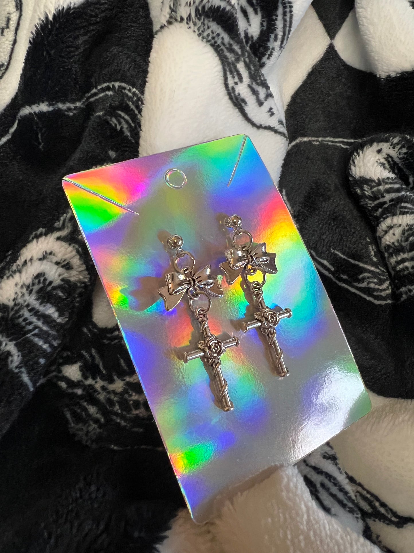 Silver Bow and Cross Stud Earrings