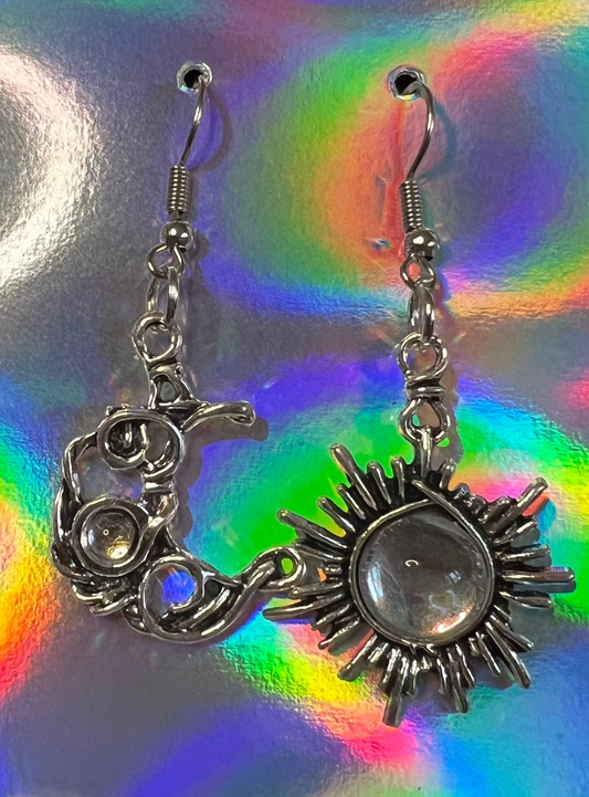 Silver Moon and Sun Drop Earrings