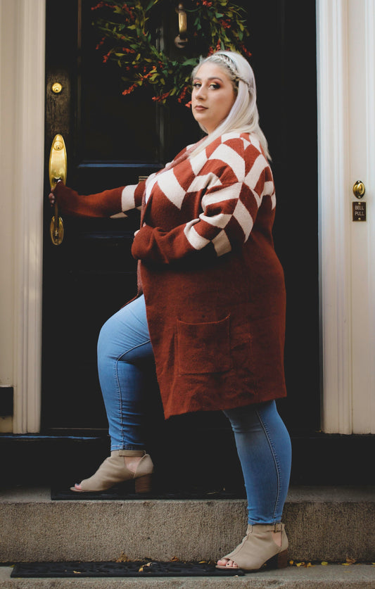 Forever 21 Orange And Beige Knee Length Cardigan