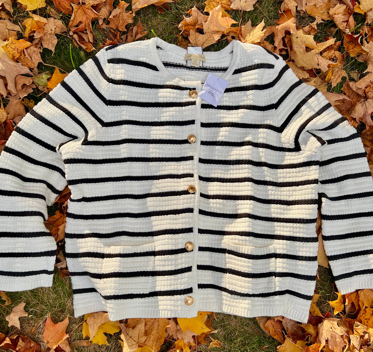 Appleseed's White with Black Stripes Cardigan Sweater