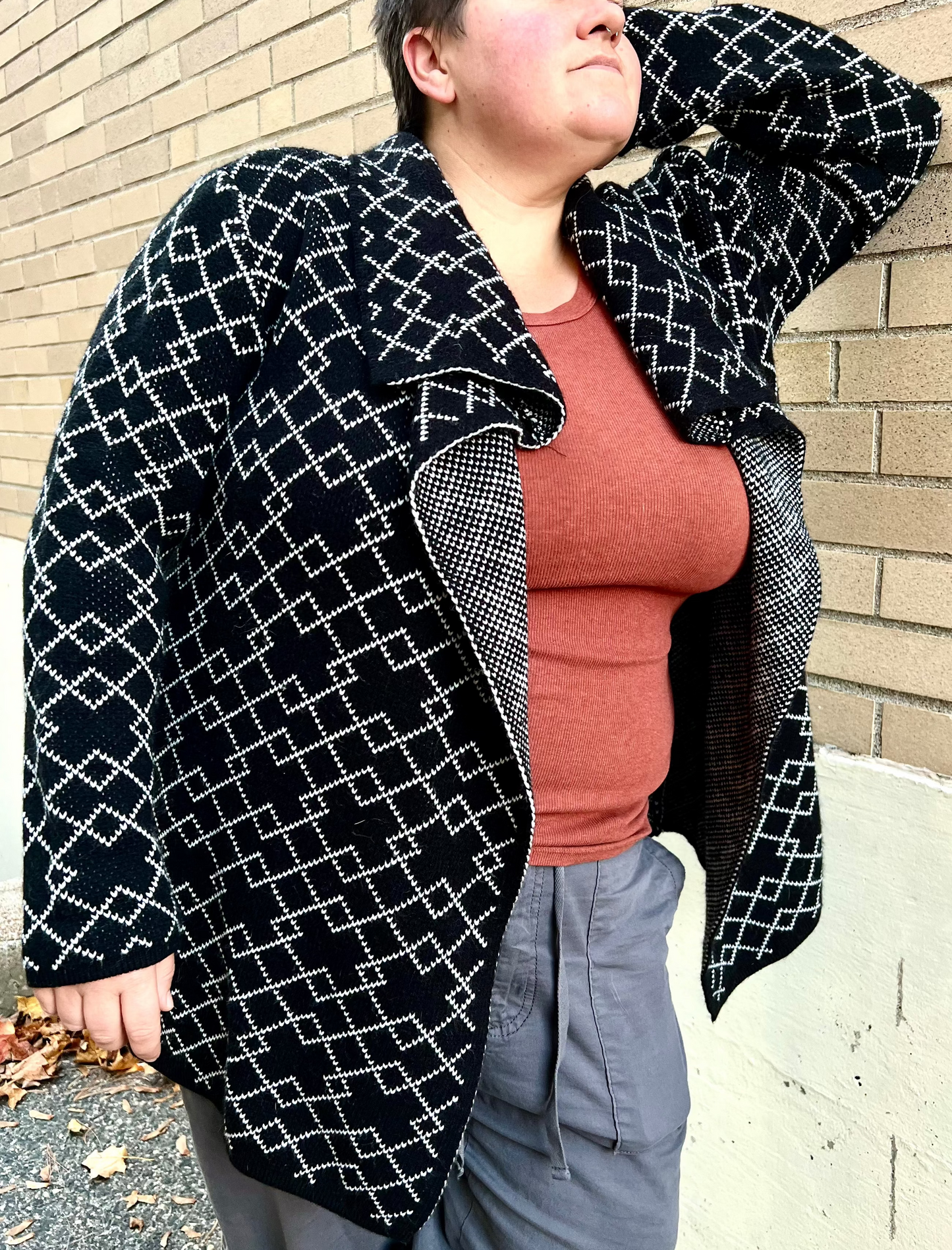 Ava Couture Black with White Diamond Pattern Cardigan