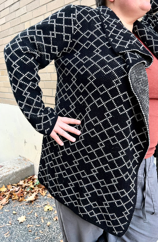 Ava Couture Black with White Diamond Pattern Cardigan
