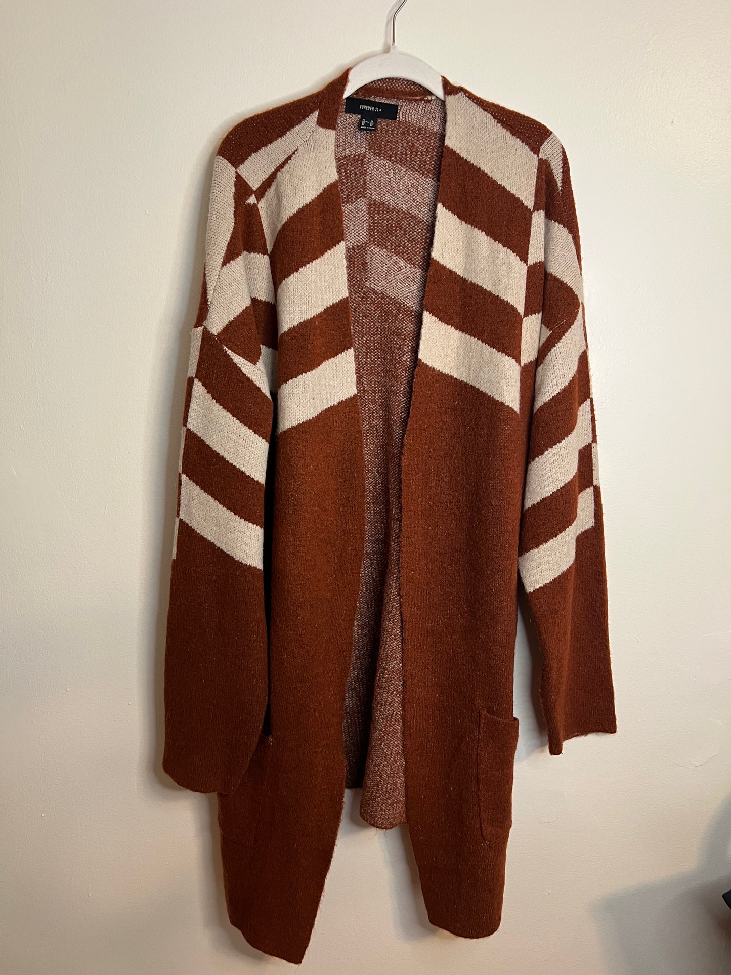 Forever 21 Orange And Beige Knee Length Cardigan